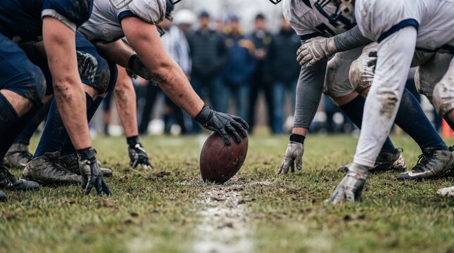 Close up of American football players lined up at scrimmage with gloved hand gripping ball on muddy field