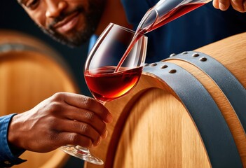 Obraz premium Man pouring red wine into glass over oak barrel during wine tasting in a winery cellar