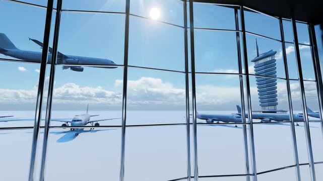 4K looping airport terminal animation featuring an aircraft taking off, ideal for travel, tourism, aviation, and transportation content.
