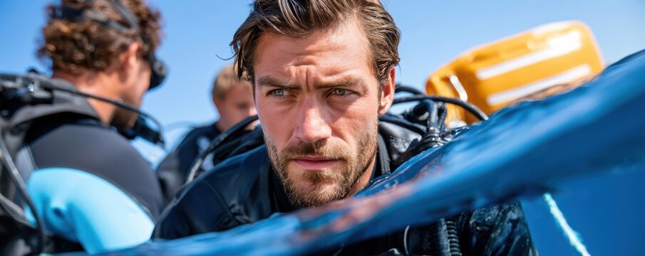 Focused scuba diver at the surface preparing for a dive with teammates under clear blue sky