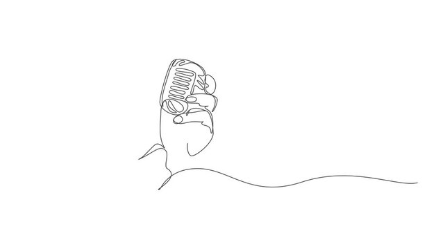 Minimalist continuous line art of a reporter or singer hand holding a microphone,Minimalist Continuous One Line Drawing of Reporter or Singer Holding Microphone Line Art Vector Animation