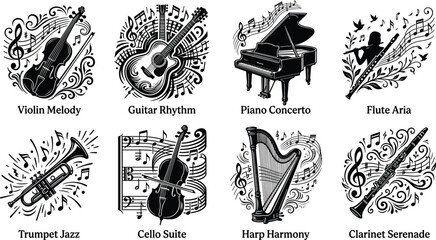 Black Musical Instrument Silhouette Bundle Featuring Violin Guitar Piano Flute Trumpet Cello Harp and Clarinet Vector Collection © MdAshik