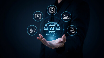 Fototapeta premium Person Holding AI Legal Scales and Icons Representing Digital Content and Communication artificial intelligence