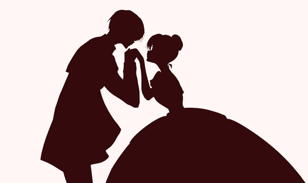 お姫様の手の甲にキスする王子様　マント　シルエット