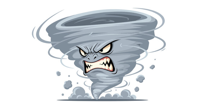 Fierce grey cartoon tornado with angry facial expression and sharp teeth swirls rapidly against white background.