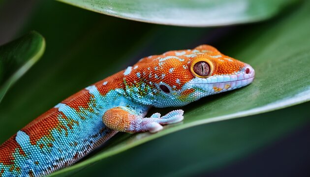 exotic tokay gecko with vibrant blue and orange scales tropical lizard macro photography colorful reptile resting on green succulent leaf
