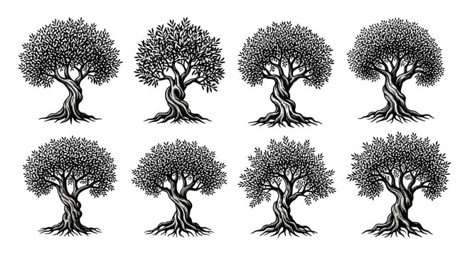Hand drawn collection of eight olive trees in classic engraving style, showing detailed branches, leaves, and roots.