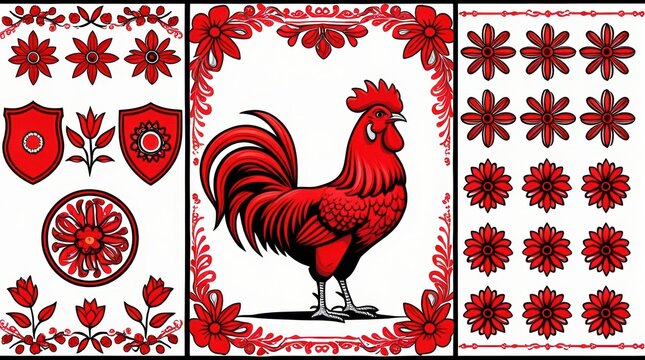 Red rooster illustration with decorative floral frames and elements