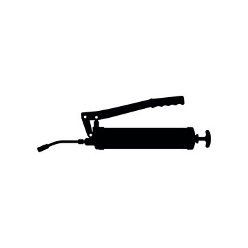 Black silhouette of a manual grease gun tool on white background
