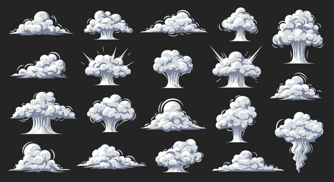 Detailed grayscale set of various cloud shapes, smoke billows, and mushroom cloud explosions on a solid dark background.