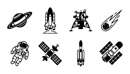 Space Exploration Icons Set: Astronaut, Rocket, Shuttle, Satellite, Planet, Comet, Lunar Lander, Vector Graphics for Cosmic Projects © Faiyaz