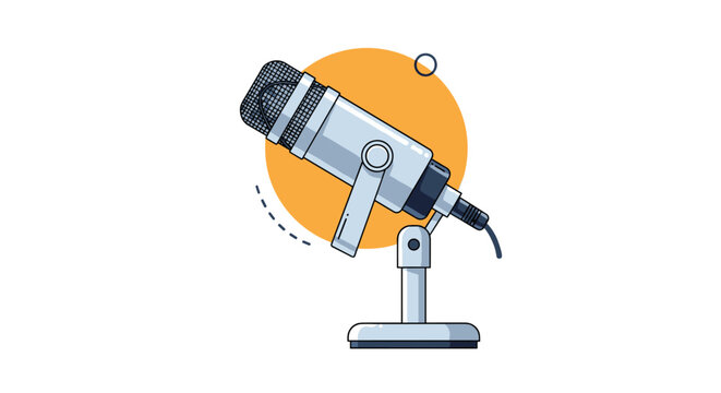 Silver condenser microphone on a table stand with an orange circle design isolated on a white background.