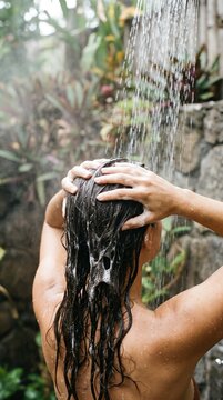 Woman Washing Her Hair Outdoors in a Tropical Shower Amidst Lush Greenery