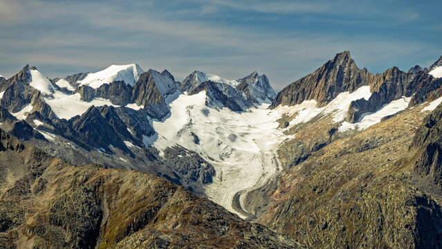 Furkapass, Switzerland - 06.09.2025: Breathtaking view of the high Swiss Alps peaks and glaciers