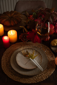 Autumn holiday table setting celebrating thanksgiving dinner