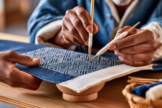 Artisan hands doing sashiko visible mending on indigo fabric with needles and thread