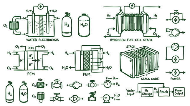 Hydrogen fuel cell technology diagrams, water electrolysis and PEM stack vector icons, renewable green energy production system illustrations