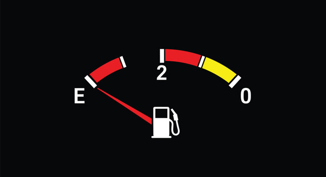 Fuel gauge needle pointing to empty representing run out of gas or low energy concept on a black background.