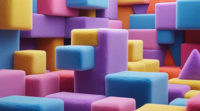 Colorful 3d geometric square blocks stacked in a playful pattern