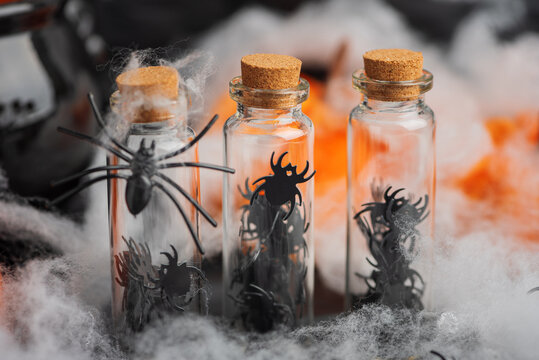 Halloween spiders in glass jars with cobwebs