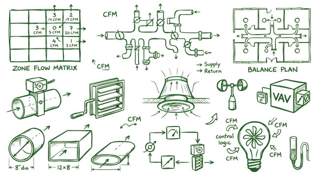 HVAC engineering hand drawn icons set, mechanical ventilation system diagrams, zone flow matrix and air balance plan sketches for building design