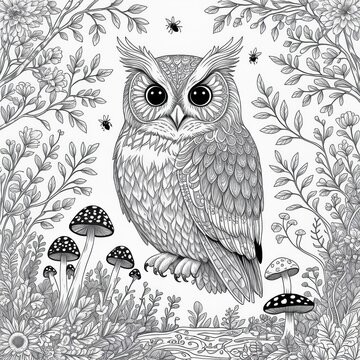 Detailed owl bird sitting in a forest with mushrooms and plants isolated on white background
