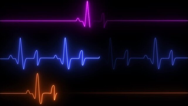 Neon ekg heartbeat monitor lines abstract background, animation in purple, blue orange pulse