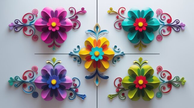 Set of five colorful paper flowers with decorative swirls and patterns isolated on white background