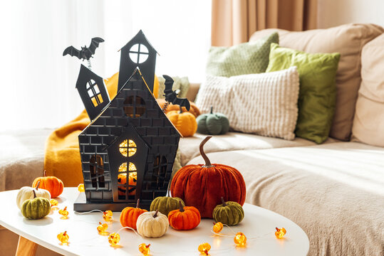 Halloween haunted house lantern with velvet pumpkins