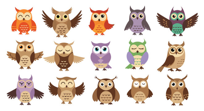 Collection of fifteen cute cartoon owl characters in various colors and poses displayed together on white background.