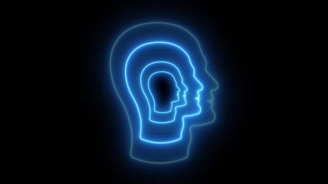 Neon Blue Heads in Profile With Light Trails on Black Background