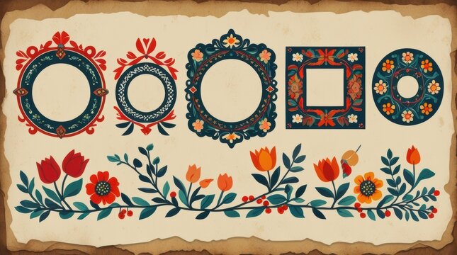 Set of decorative floral frames and border elements in folk art style