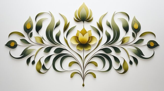 Decorative floral ornament with green leaves and a yellow flower center