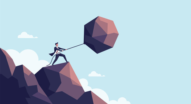 Businessman standing on rocky mountain peak pulls heavy low poly stone boulder with rope representing effort.