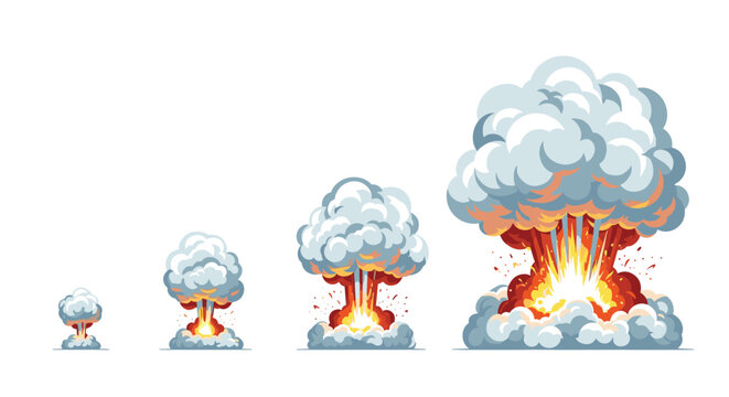 Sequential stages of nuclear explosion mushroom cloud display growing atomic blast from small spark to huge fire.