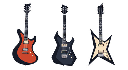 Fototapeta premium Set of three modern electric guitars in different body styles and colors standing against a clean background.