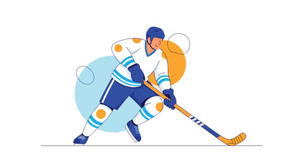 Obraz premium Professional ice hockey player in full protective gear and blue uniform skating and controlling the puck with stick.