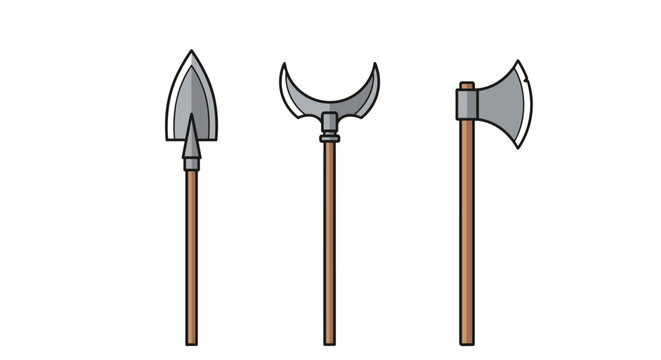 Medieval pole weapons including a sharp spearhead, a crescent halberd, and a battle axe on wooden handles.