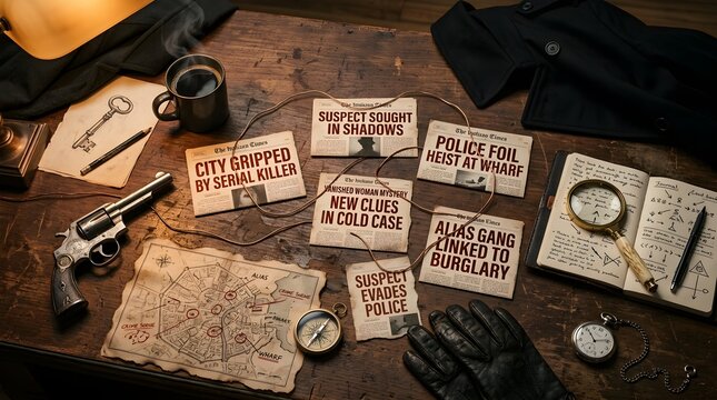 Detective's wooden desk with gun, map, and clues for cold case murder investigation