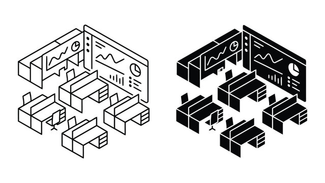 Isometric office cubicles with data visualization charts and analytics, cubicles