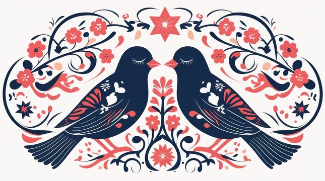 Two cute birds with floral patterns in a decorative folk art style isolated on white background