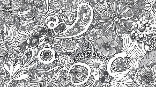 Abstract hand drawn floral pattern with intricate doodle line art style