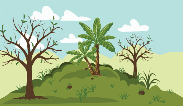 Cartoon landscape featuring bare trees with presents stylized cartoon