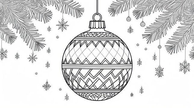 Christmas bauble ornament hanging with pine branches and snowflakes