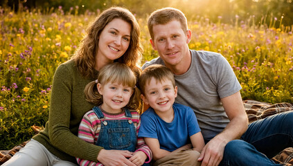 Fototapeta premium Parents and two children sitting together in a wildflower meadow at sunset. Family bonding and outdoor togetherness concept captured at golden hour.