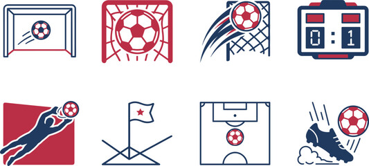 Soccer football icon set in flat line style featuring ball, goal net, goalkeeper jump, scoreboard, stadium field, corner flag, and kicking shoe vectors © mdhusne