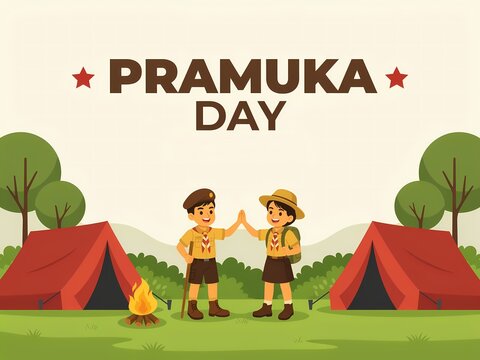 Two smiling scouts giving high five near tents and campfire during Pramuka Day celebration 