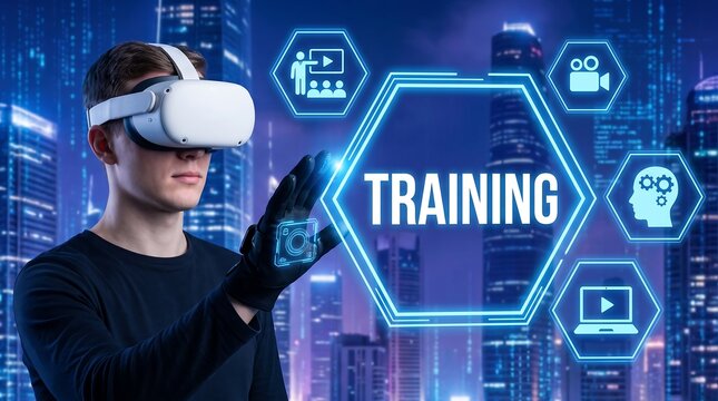 Young man wearing virtual reality headset for professional training in a futuristic digital neon city