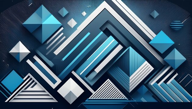 bold geometric shapes with sharp lines and complex 3d patterns blending a variety of cool tones
