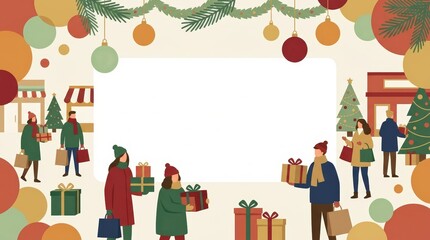 Naklejka premium People holiday shopping with gifts and decorated Christmas trees